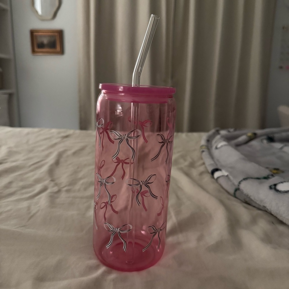 Charming Pink Bow-Design Tumbler with Glass Straw.